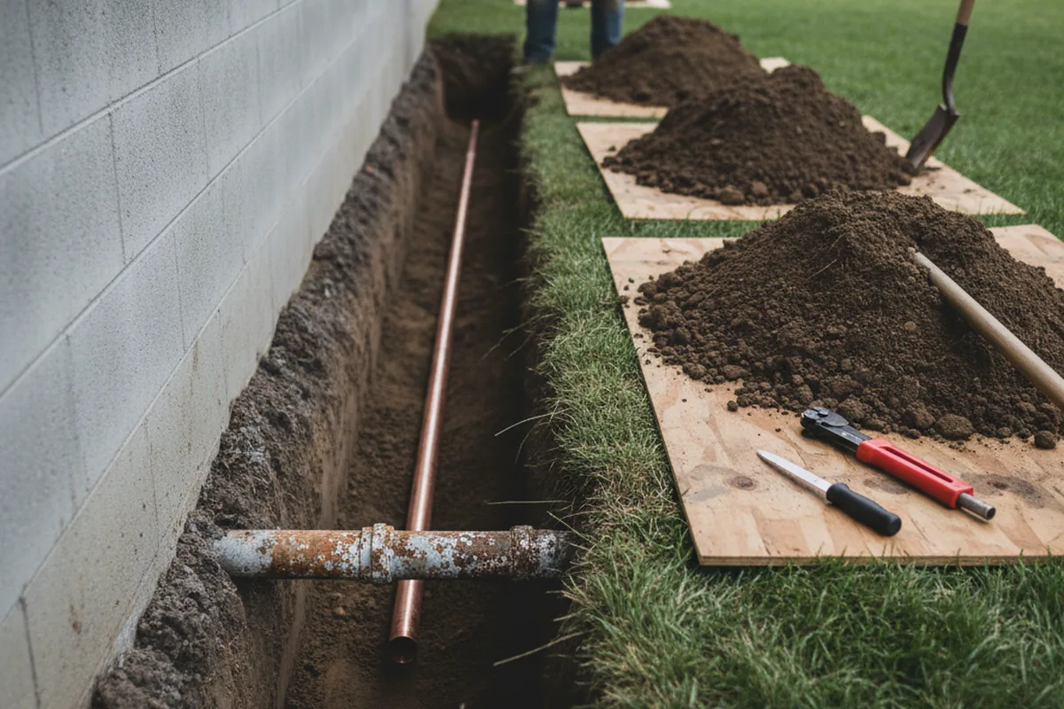 Excavated water line trench during Water Softener Installation in Pound Ridge